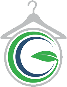 A gray clothes hanger with a circular logo below it, featuring a green and blue swirl and a green leaf inside the circle.