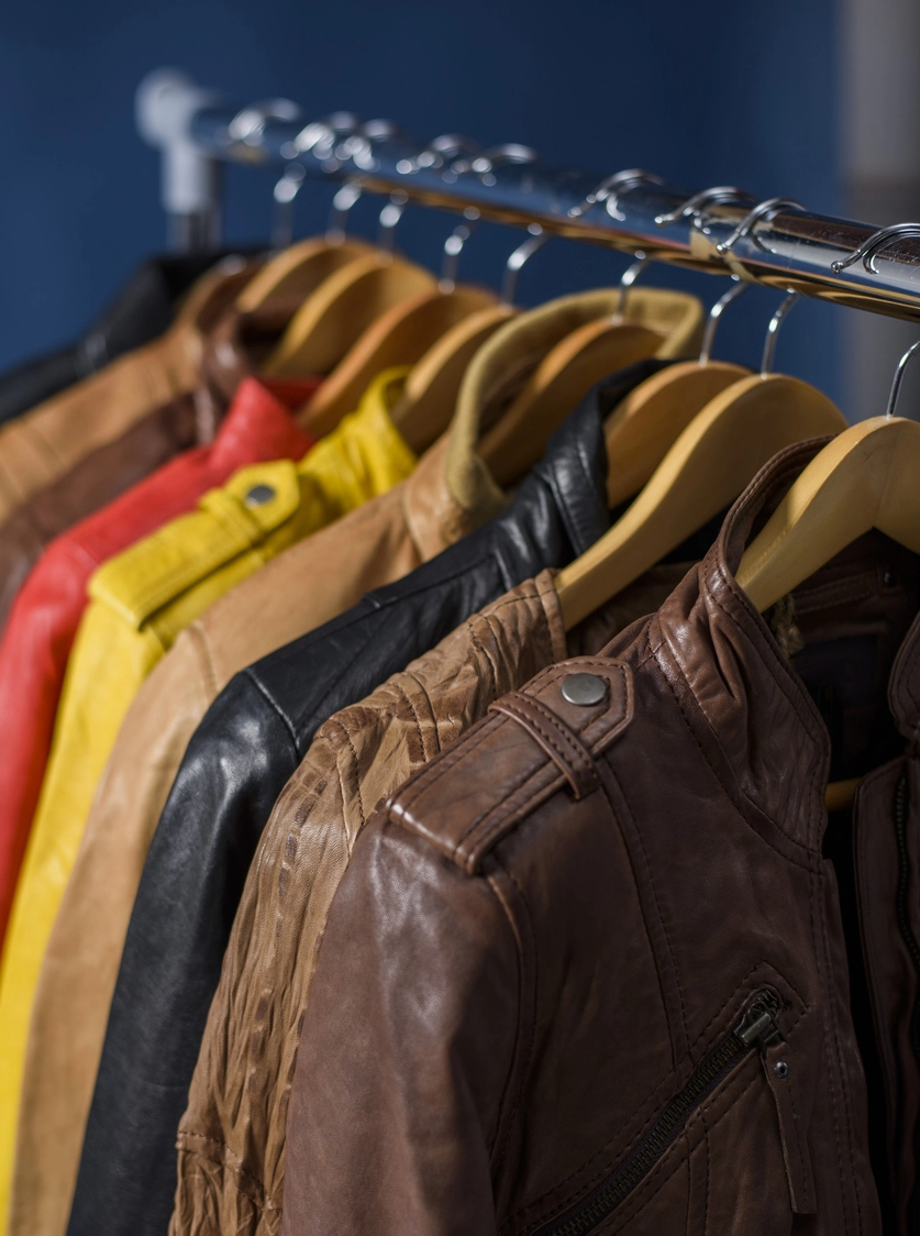 Several leather jackets in various colors, including brown, black, yellow, and red, hang on wooden hangers on a metal clothing rack against a blue background.