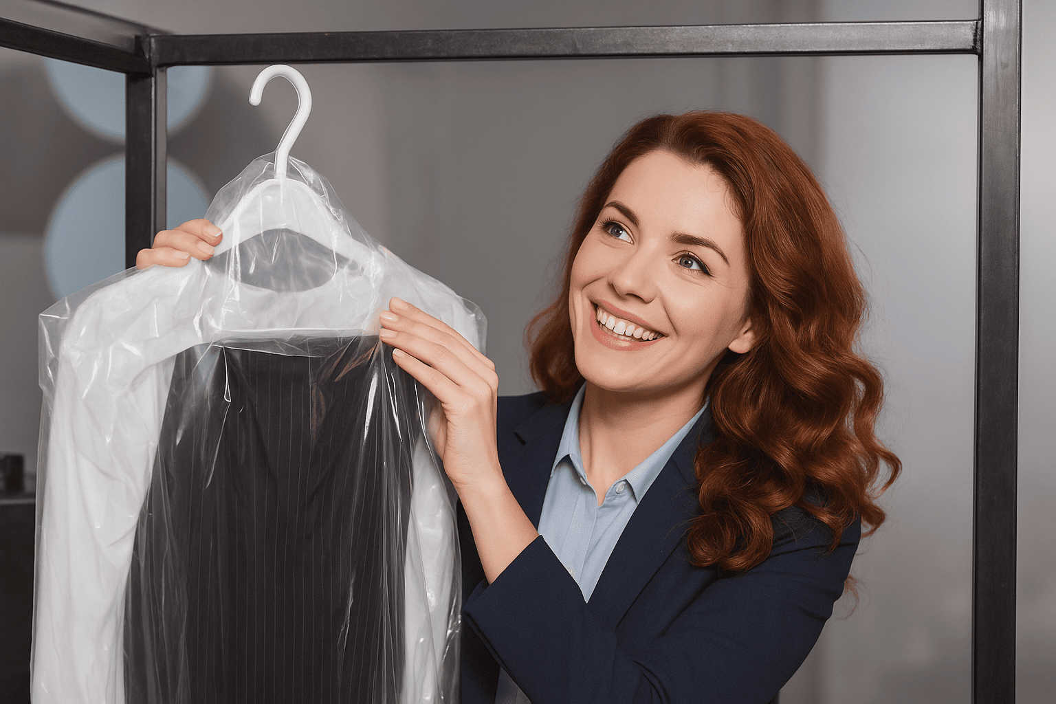 A woman in business attire smiles while holding a garment bag with clothes on a hanger, standing indoors.