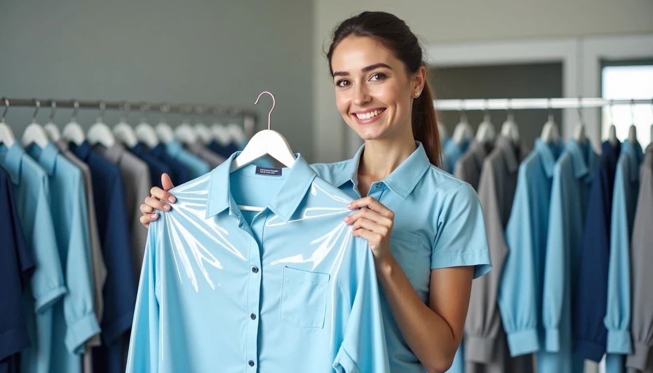 A woman in a blue shirt is smiling and holding a similar blue shirt on a hanger in a clothing store, reminding customers of the convenience of laundry pickup and delivery in Surprise AZ. Racks of shirts fill the background.