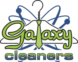 Logo for Galaxy Cleaners featuring a hanger with a green striped tie forming the letter "l" in "Galaxy" and blue atomic orbit lines in the background.