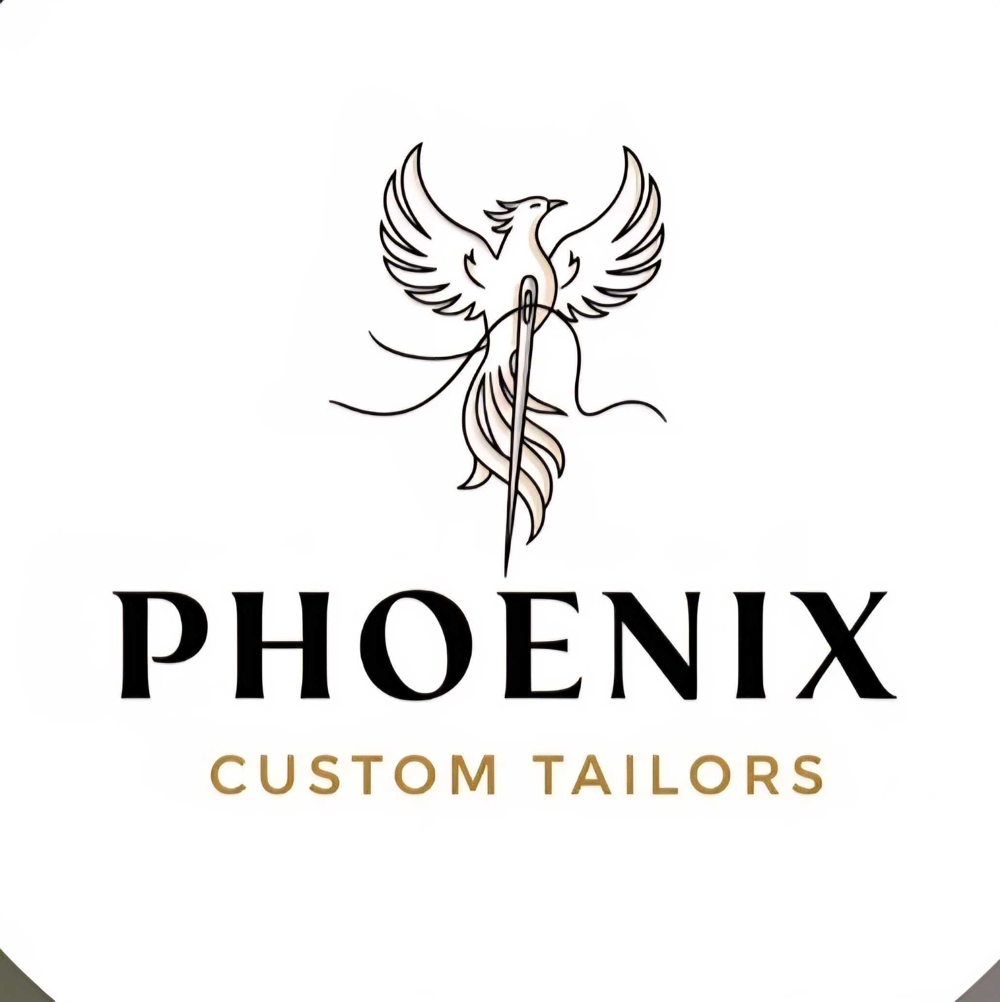 Logo for Phoenix Custom Tailors featuring a stylized phoenix holding a needle above the business name, with "PHOENIX" in black and "CUSTOM TAILORS" in gold text.
