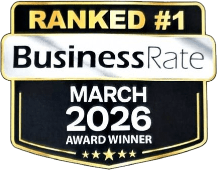 A badge displaying "Ranked #1 Business Rate March 2026 Award Winner" with a gold and black design.